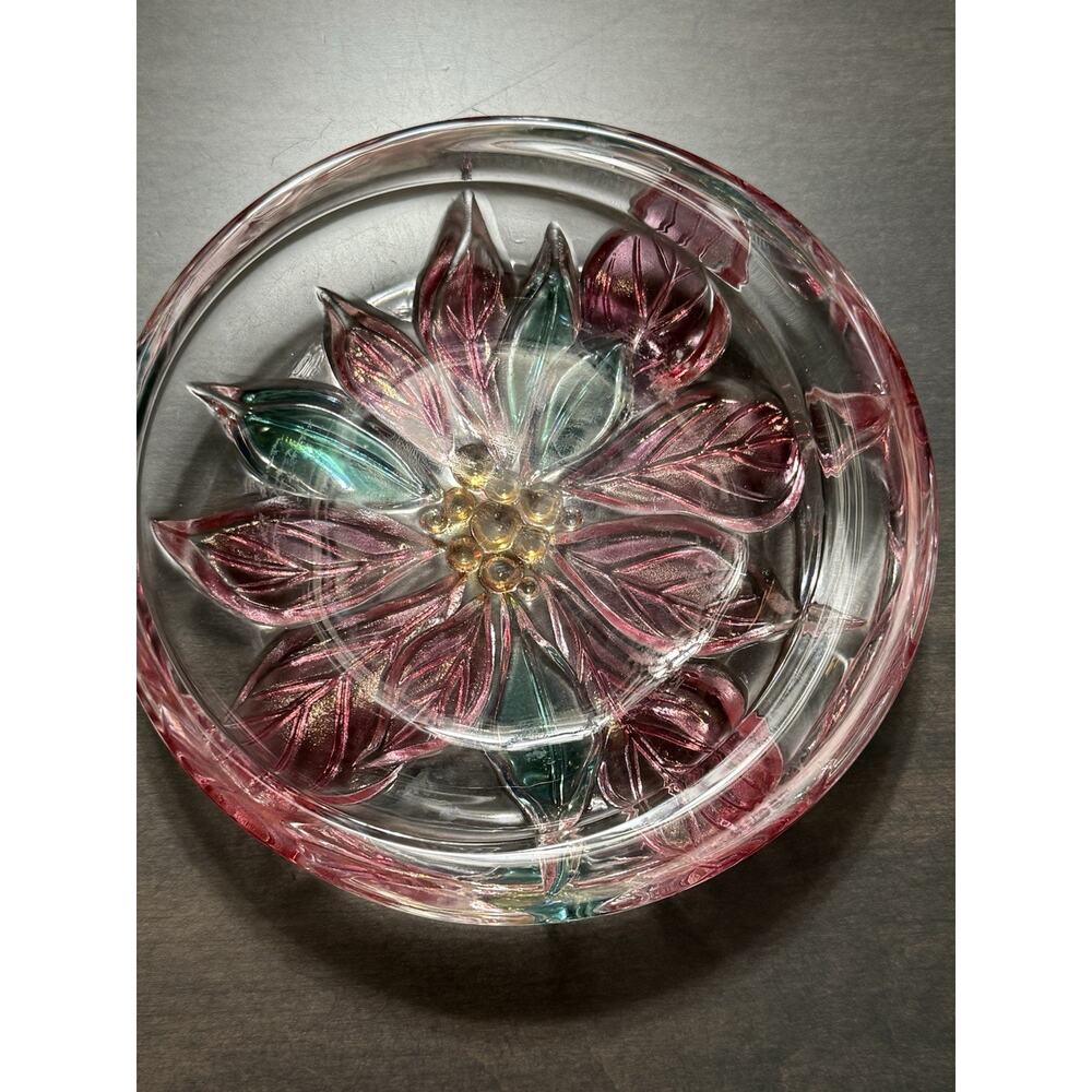 Poinsettia Lead Crystal Candy Dish Bowl Christmas Glass Red Green 5"